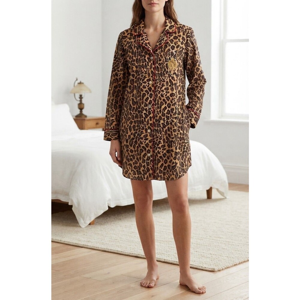 Lauren Ralph Lauren leopard print cotton pajama sleep shirt nightshirt L NWOT